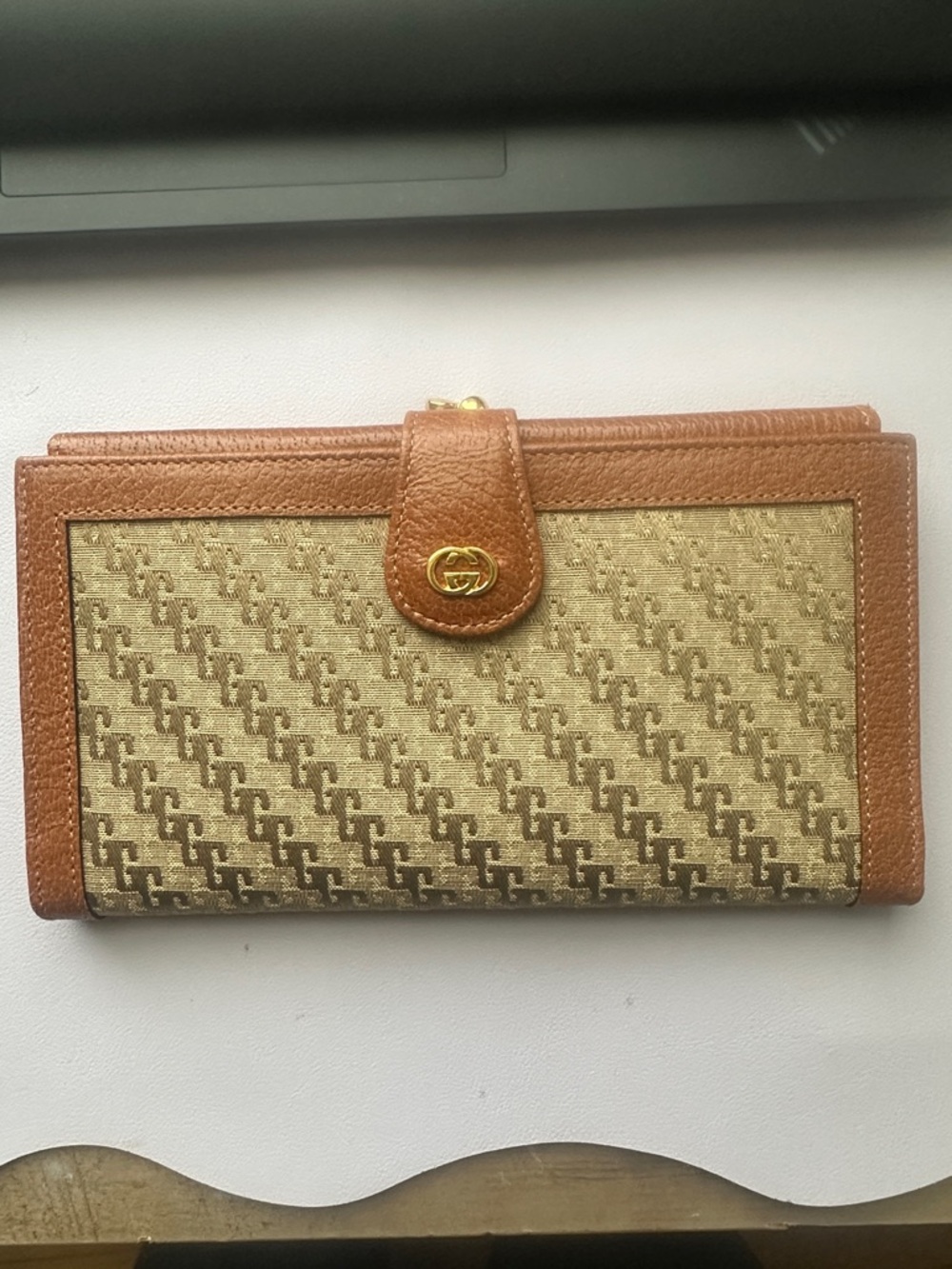 Gucci Brown Monogram Canvas Continental Wallet with Tan Leather Trim.